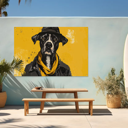 Stijlvolle hond met hoed en sjaal tuinposter