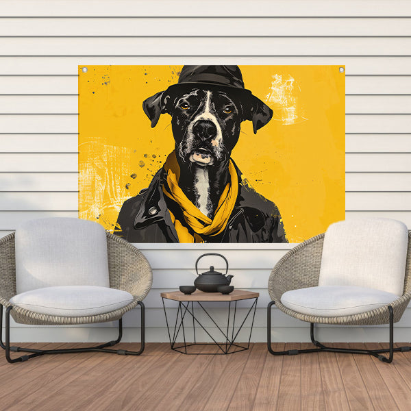 Stijlvolle hond met hoed en sjaal tuinposter