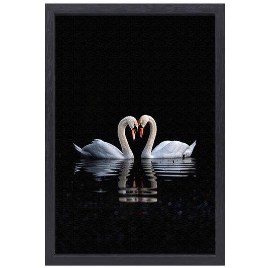 Twee zwanen vormen hart op water canvas met baklijst