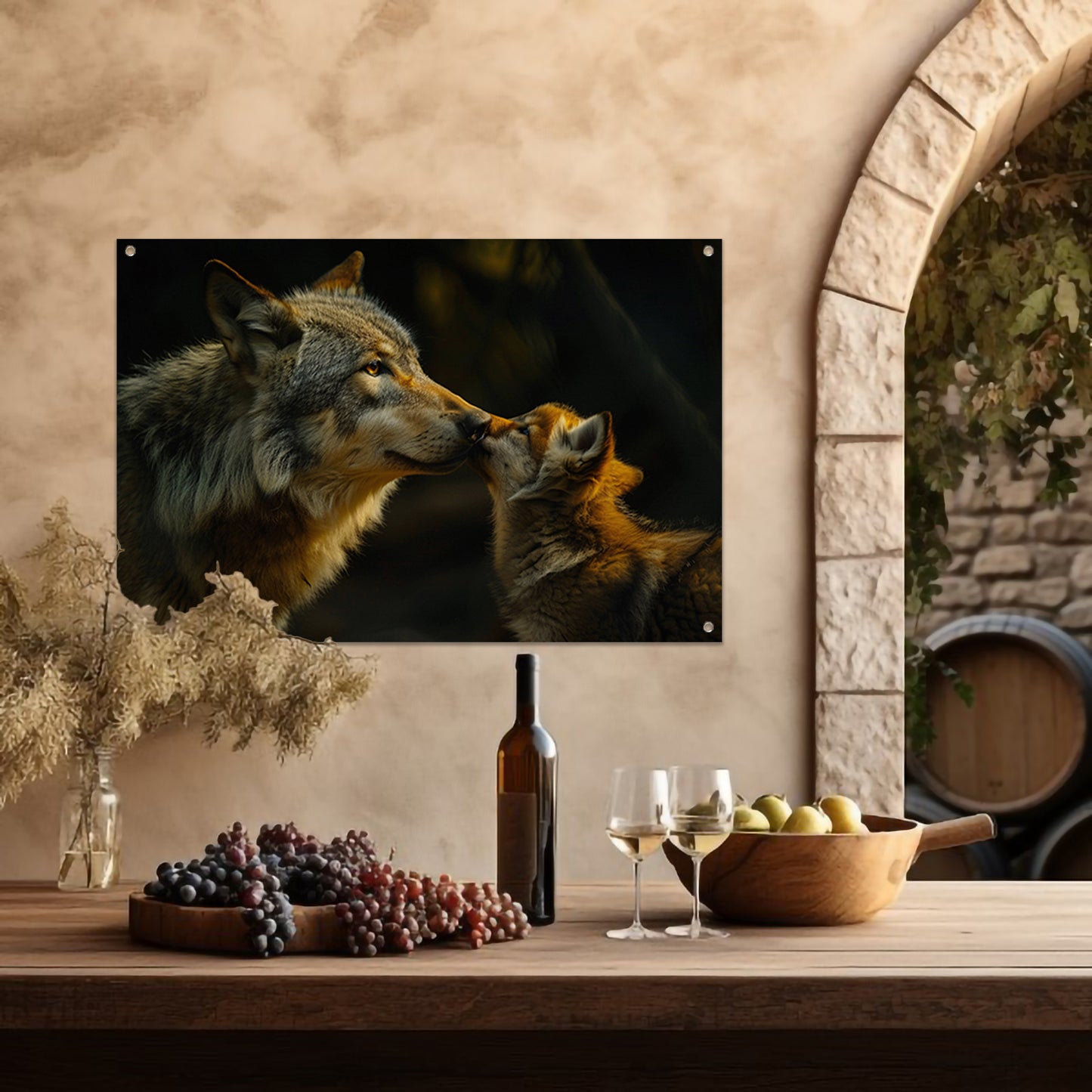 Intiem moment tussen wolven in het bos tuinposter
