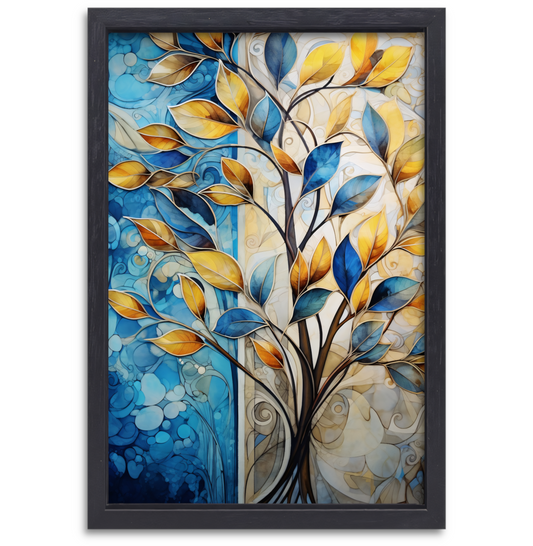 Abstracte Boom in Levendige Blauw en Geeltinten canvas met baklijst
