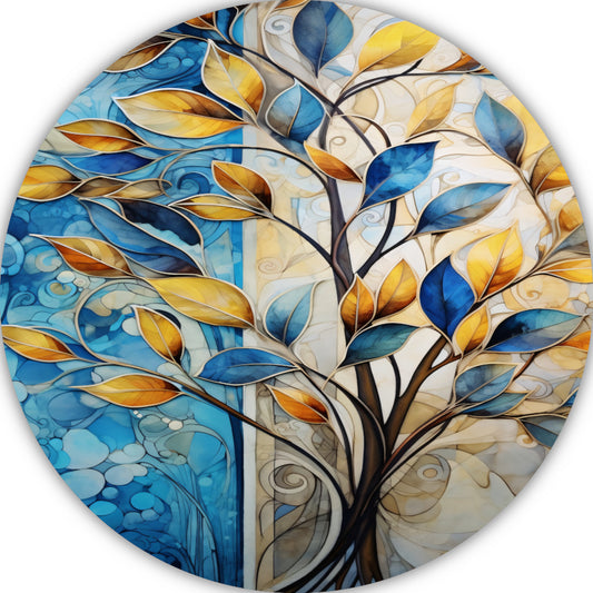 Abstracte Boom in Levendige Blauw en Geeltinten aluminium muurcirkel