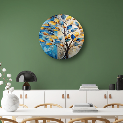 Abstracte Boom in Levendige Blauw en Geeltinten aluminium muurcirkel