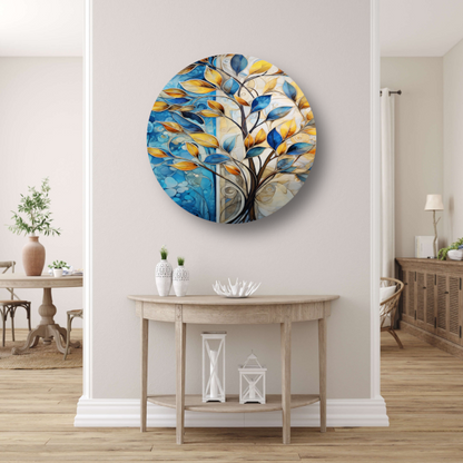 Abstracte Boom in Levendige Blauw en Geeltinten aluminium muurcirkel