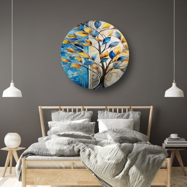 Abstracte Boom in Levendige Blauw en Geeltinten aluminium muurcirkel