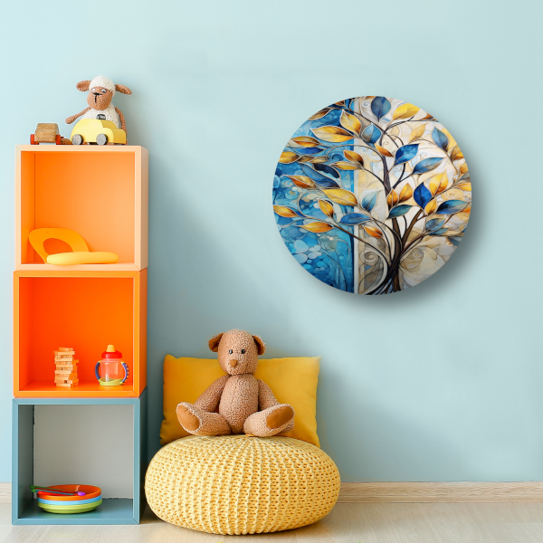 Abstracte Boom in Levendige Blauw en Geeltinten aluminium muurcirkel
