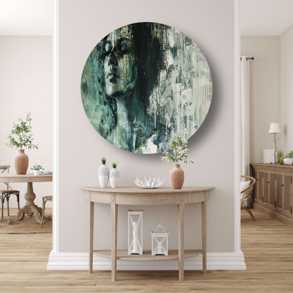 Abstracte weergave van een vrouw in contemplatie aluminium muurcirkel