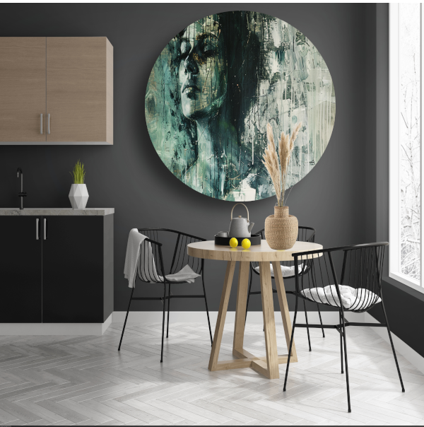 Abstracte weergave van een vrouw in contemplatie aluminium muurcirkel