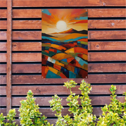 Stralende zon boven kleurrijke abstracte velden tuinposter