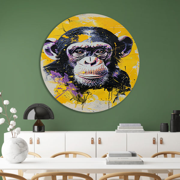 Kleurrijk popart schilderij van een aap aluminium muurcirkel