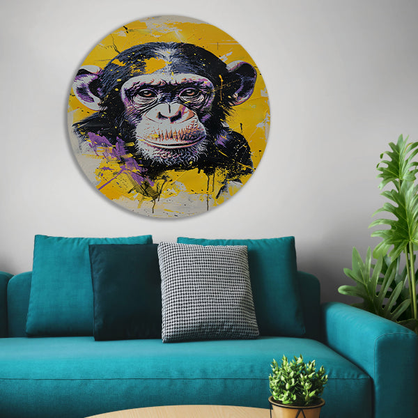 Kleurrijk popart schilderij van een aap aluminium muurcirkel