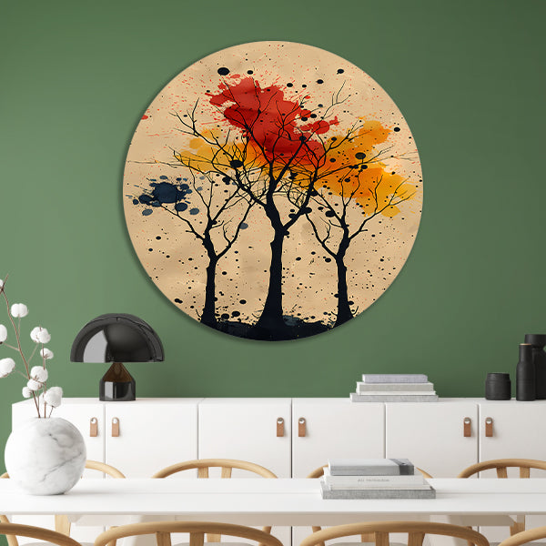 Abstract Bomen in Herfstkleuren met Verfspatten aluminium muurcirkel