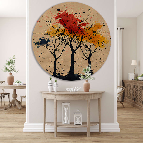 Abstract Bomen in Herfstkleuren met Verfspatten aluminium muurcirkel