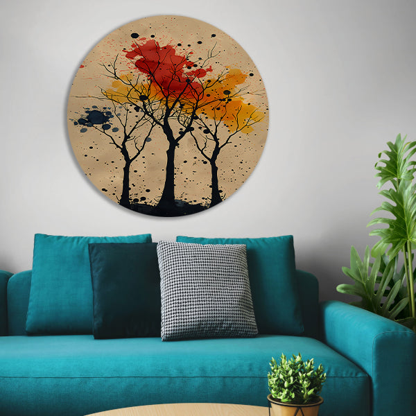 Abstract Bomen in Herfstkleuren met Verfspatten aluminium muurcirkel