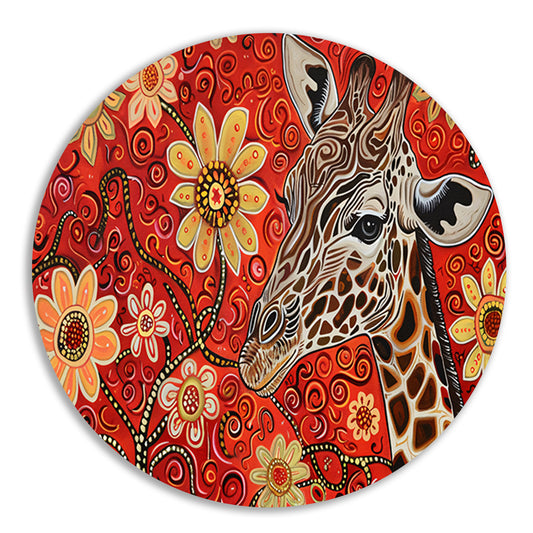 Abstracte Giraffe met Bloemen in Kleurrijk Ontwerp aluminium muurcirkel
