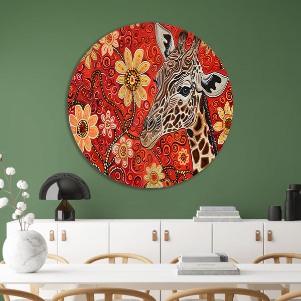 Abstracte Giraffe met Bloemen in Kleurrijk Ontwerp aluminium muurcirkel