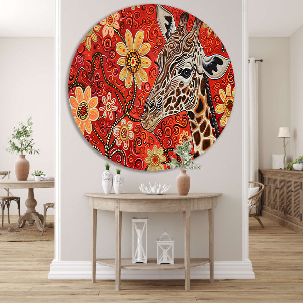 Abstracte Giraffe met Bloemen in Kleurrijk Ontwerp aluminium muurcirkel
