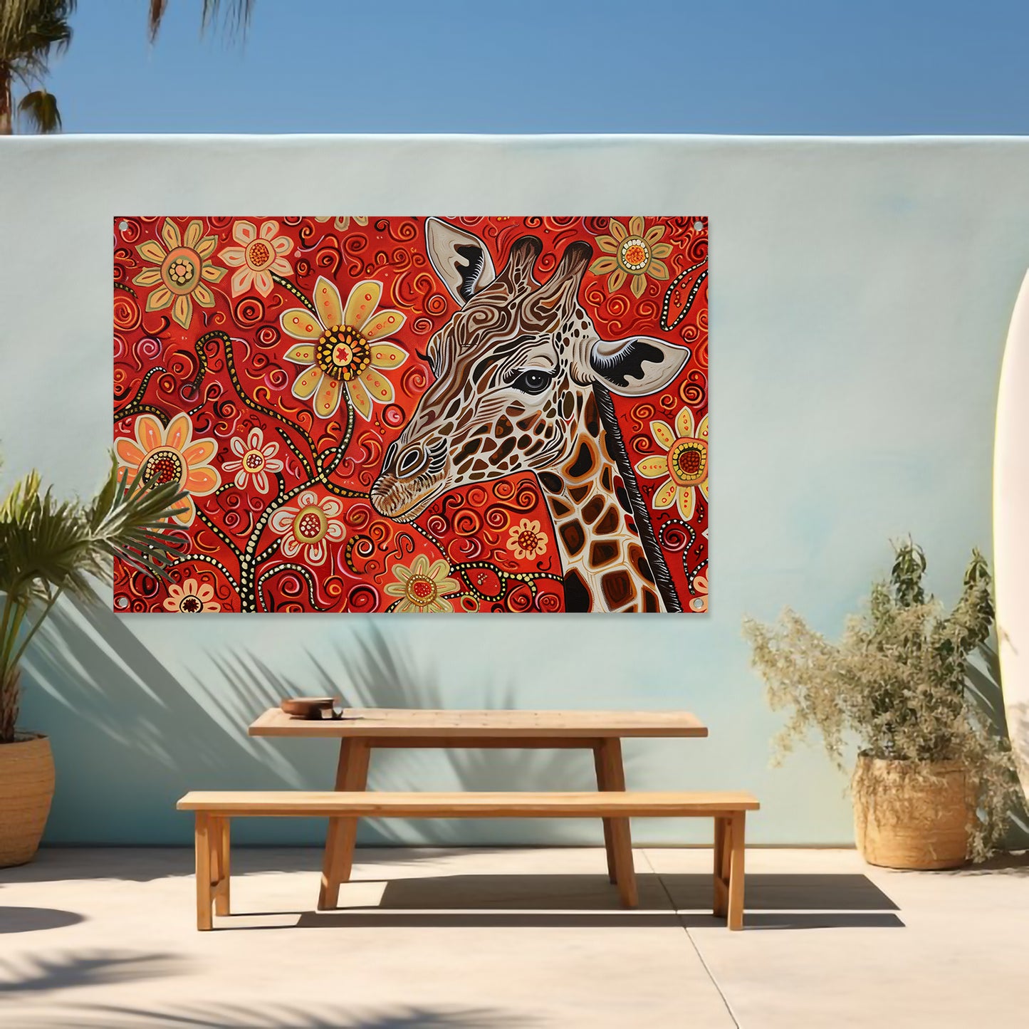Abstracte Giraffe met Bloemen in Kleurrijk Ontwerp tuinposter