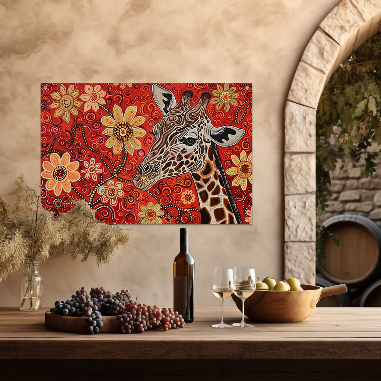 Abstracte Giraffe met Bloemen in Kleurrijk Ontwerp tuinposter