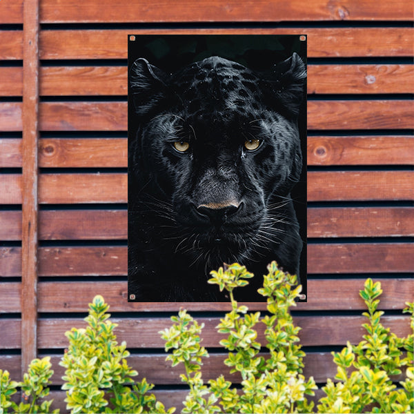 Portret van een zwarte panter met gele ogen tuinposter