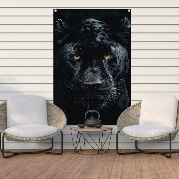 Portret van een zwarte panter met gele ogen tuinposter