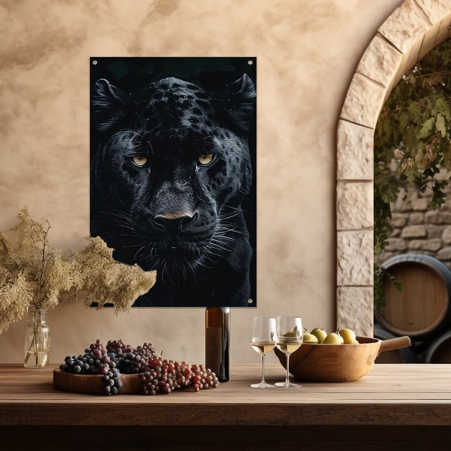 Portret van een zwarte panter met gele ogen tuinposter