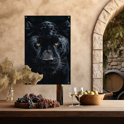 Portret van een zwarte panter met gele ogen tuinposter
