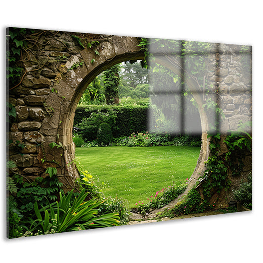 Oude stenen boog met zicht op groene, bloemrijke tuin acrylglas