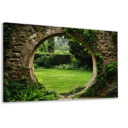 Oude stenen boog met zicht op groene, bloemrijke tuin canvas