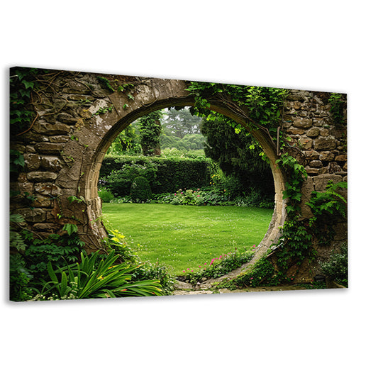 Oude stenen boog met zicht op groene, bloemrijke tuin canvas