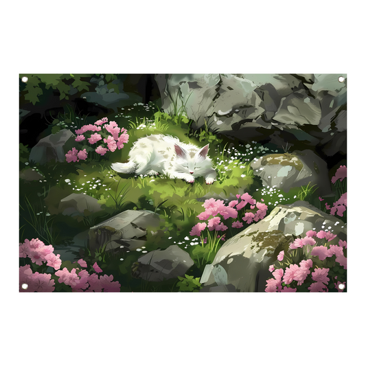 Slapende kat in bloemenrijke tuin tuinposter