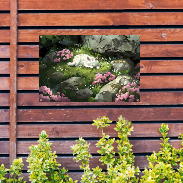 Slapende kat in bloemenrijke tuin tuinposter