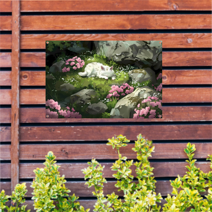 Slapende kat in bloemenrijke tuin tuinposter