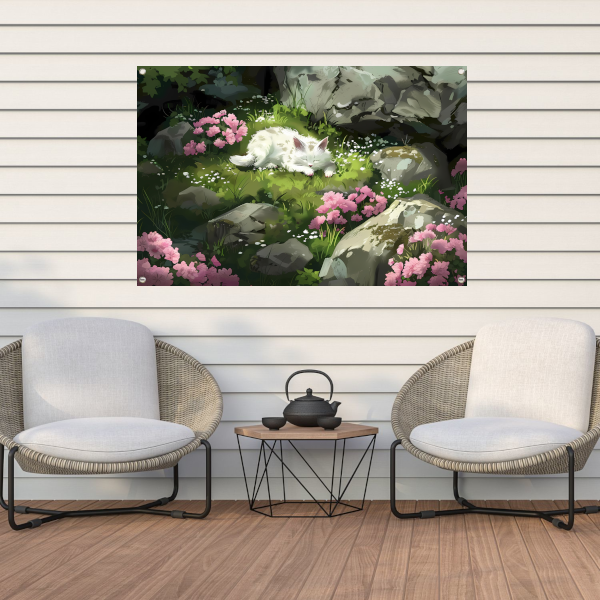 Slapende kat in bloemenrijke tuin tuinposter