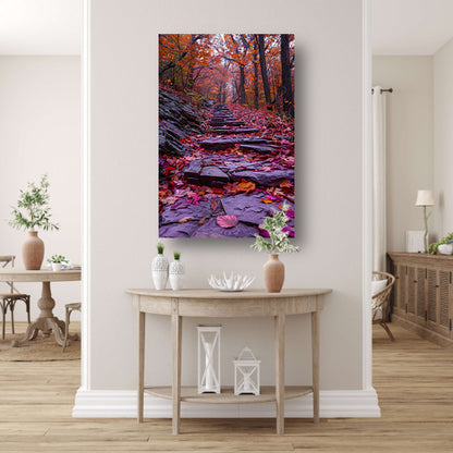 Stenen pad met herfstbladeren in het bos canvas