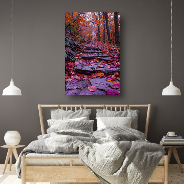 Stenen pad met herfstbladeren in het bos canvas