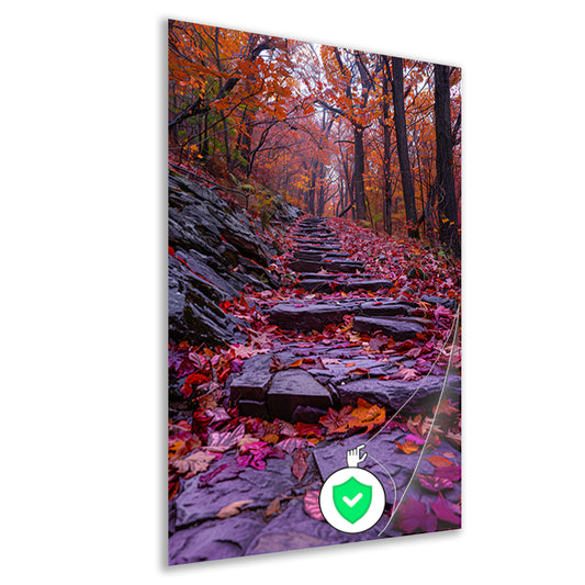 Stenen pad met herfstbladeren in het bos poster