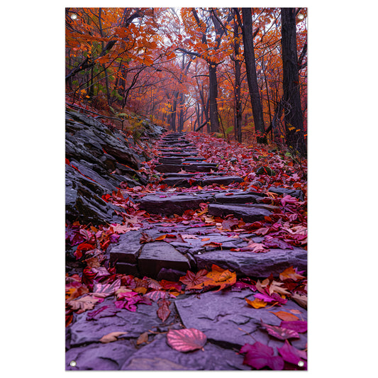 Stenen pad met herfstbladeren in het bos tuinposter