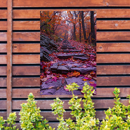 Stenen pad met herfstbladeren in het bos tuinposter