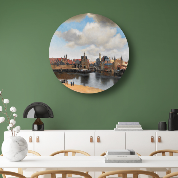 Gezicht op Delft - Johannes Vermeer aluminium muurcirkel