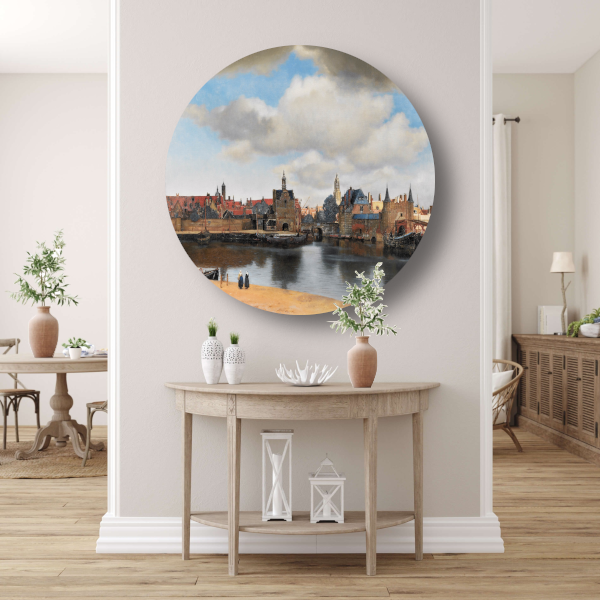 Gezicht op Delft - Johannes Vermeer aluminium muurcirkel