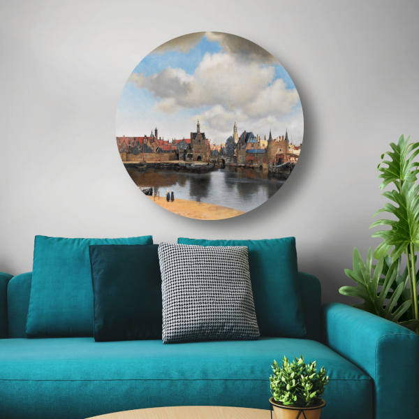 Gezicht op Delft - Johannes Vermeer aluminium muurcirkel