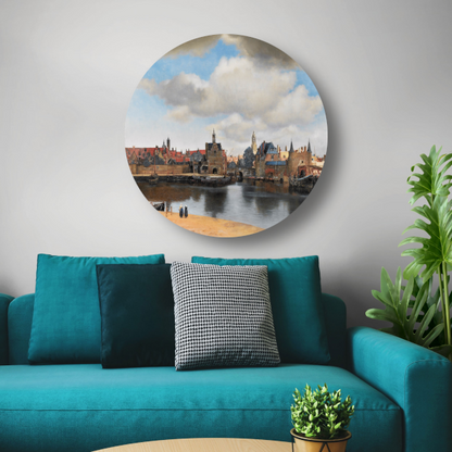 Gezicht op Delft - Johannes Vermeer aluminium muurcirkel