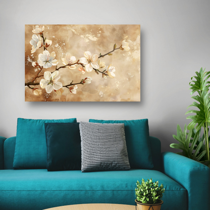 Sierlijke Bloesemtakken tegen Sepia Achtergrond canvas met baklijst