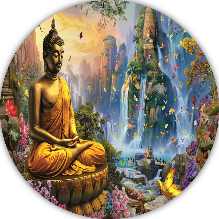 Serene Boeddha en Watervallen in Paradijselijke Natuur forex muurcirkel