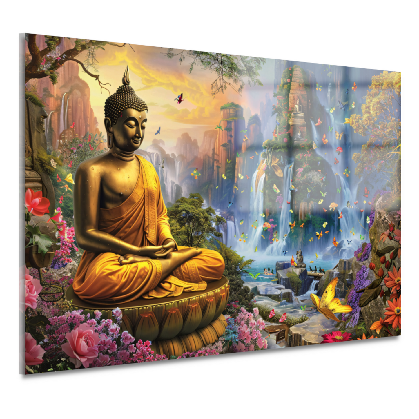 Serene Boeddha en Watervallen in Paradijselijke Natuur acrylglas