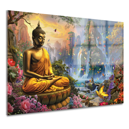 Serene Boeddha en Watervallen in Paradijselijke Natuur acrylglas