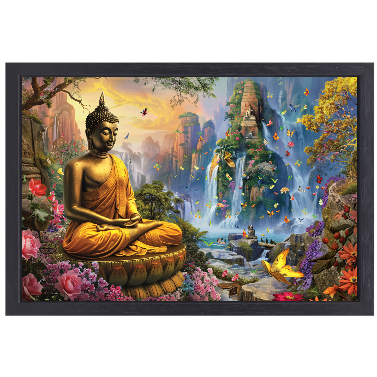 Serene Boeddha en Watervallen in Paradijselijke Natuur canvas met baklijst