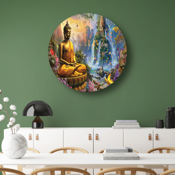 Serene Boeddha en Watervallen in Paradijselijke Natuur forex muurcirkel