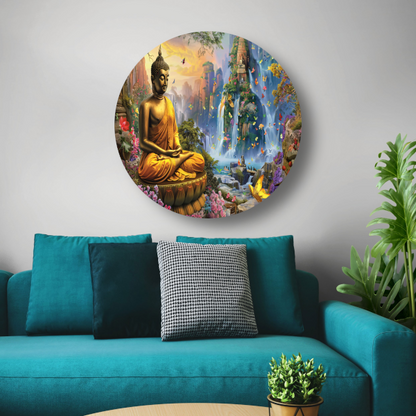 Serene Boeddha en Watervallen in Paradijselijke Natuur forex muurcirkel